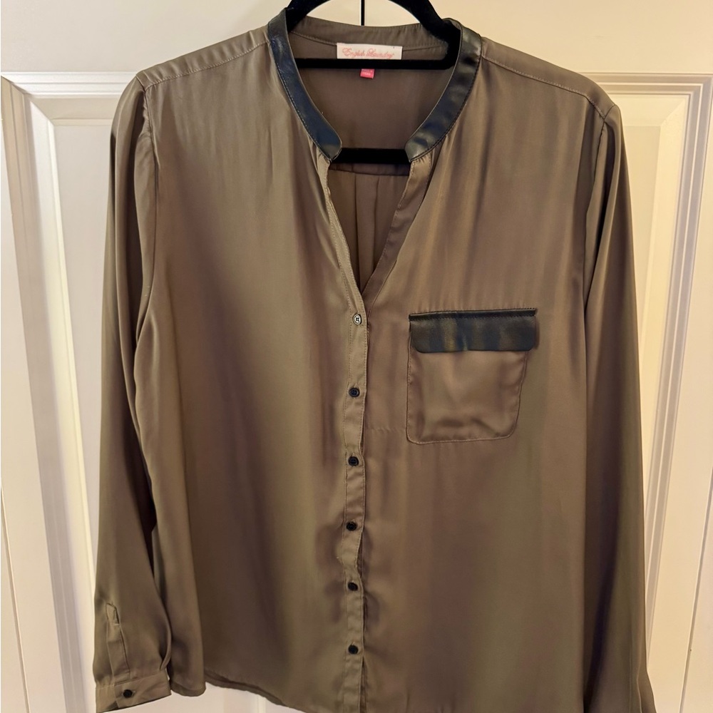 English Laundry Sheer Khaki Blouse with Black Trim